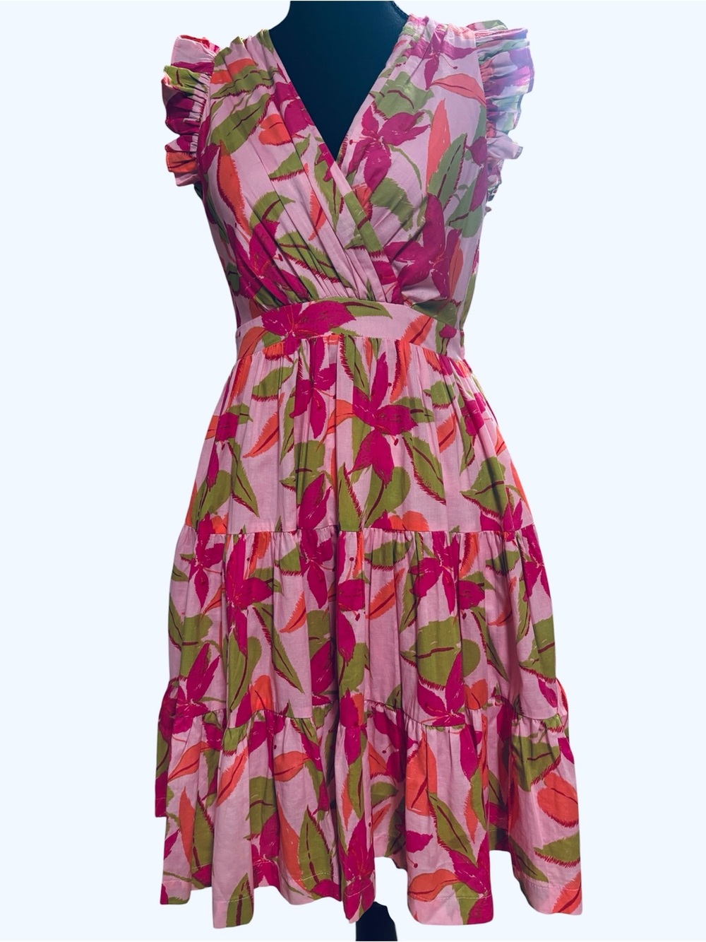 TAYLOR DRESS XS PINK TROPICAL FLORAL RUFFLE TIERED FIT FLARE V NECK MINI